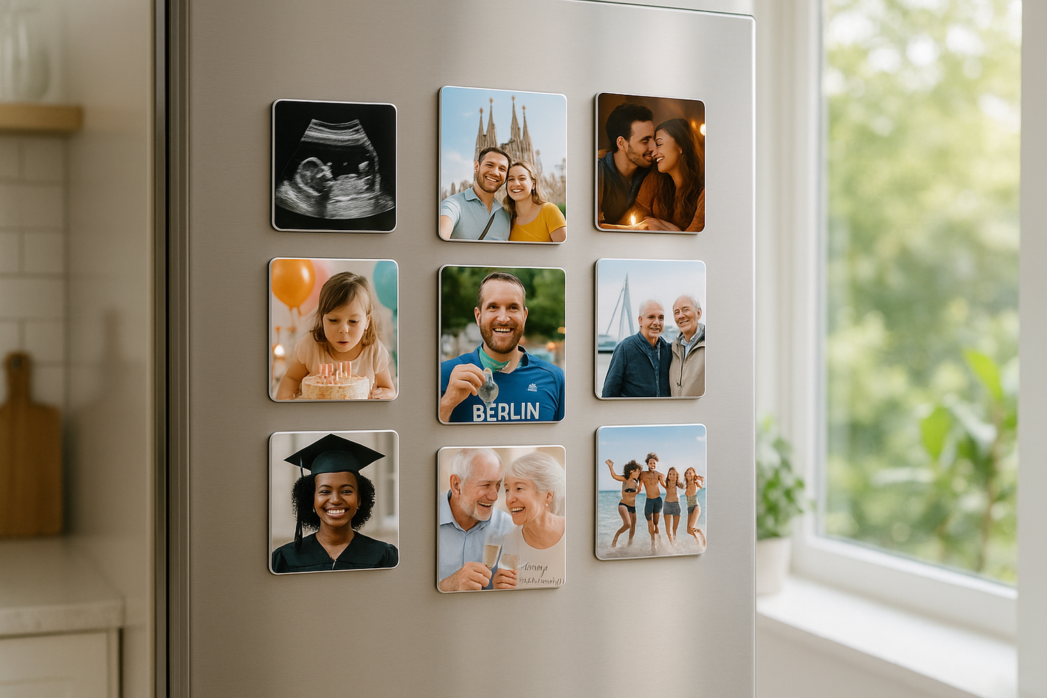 Nine resin-coated photo magnets collection